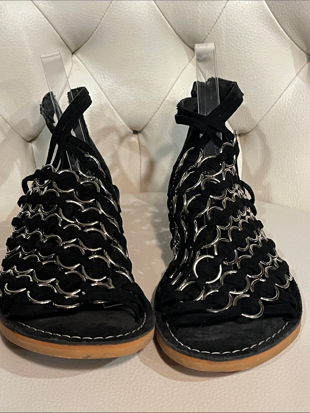 Musse & Cloud Black Suede Gladiator Sandals with Silver Chain Links Beautiful - Picture 4 of 11
